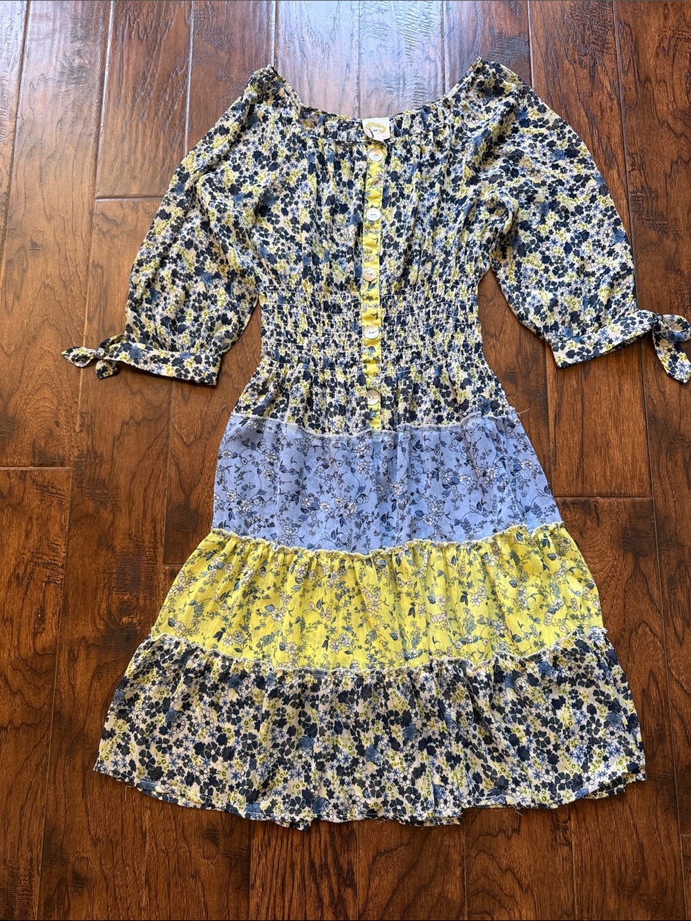 fig and flower Yellow and Blue Floral Tiered Midi Dress